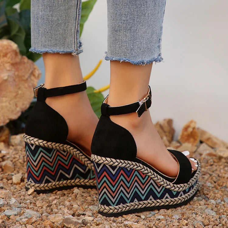 Ethnic Geo Print Ankle Strap Woven Espadrille Wedge Sandals Heels