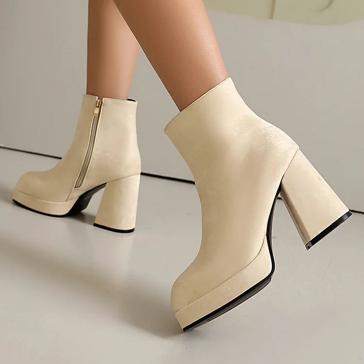 Solid Color Zipper Square Toe Chunky Heel Ankle Boots