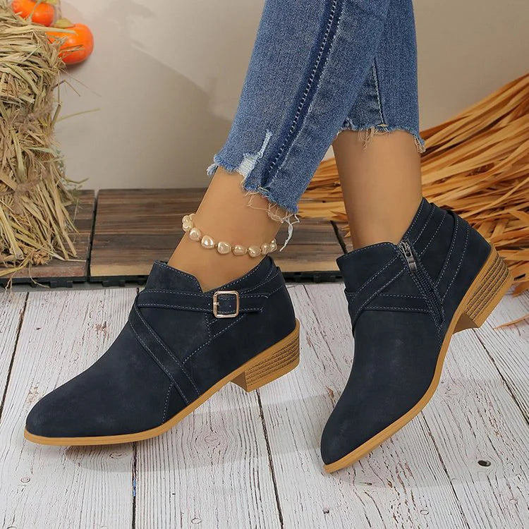 Crossover Strap Buckle Decor Round Toe Zipper Ankle Boots