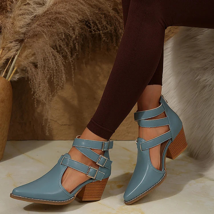 Ankle Cross Straps Buckles Solid Color Pointed Toe Chunky Heels