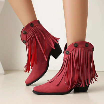 Fringed Trim Metallic Studded Square Toe Chunky Heel Ankle Boots