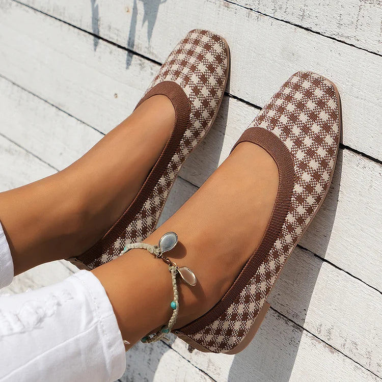 Casual Plaid Print Square Toe Slip On Lightweight Knit Flats