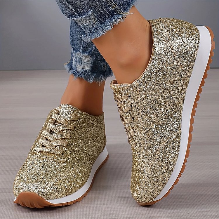 Fashion Glitter Sequin Lace Up Round Toe Solid Sneakers