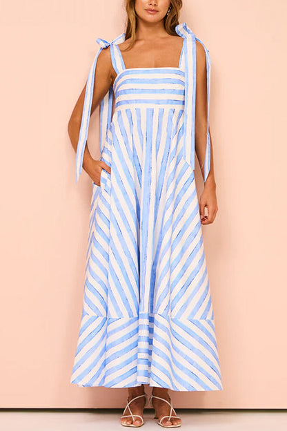 Pocketed Bow Shoulder Striped Swing Maxi Cami Dress