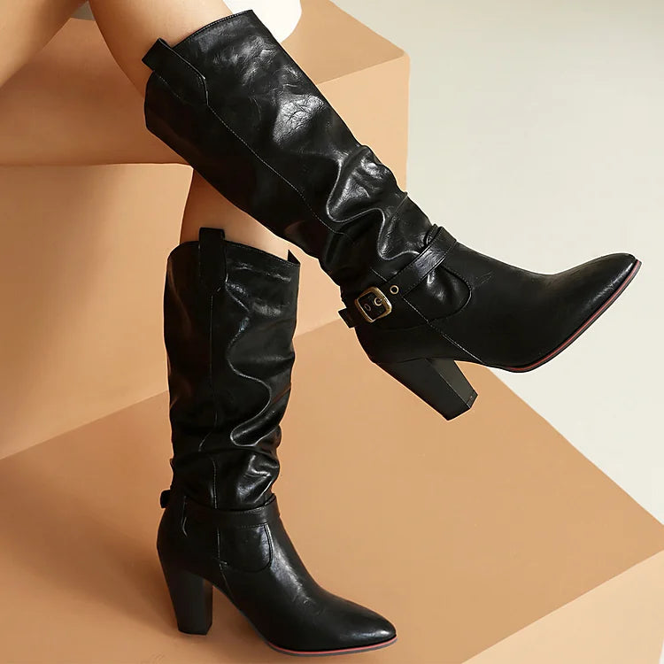 Pointed Toe Chunky Heel Strap Buckle Decor Solid Color Mid Calf Boots