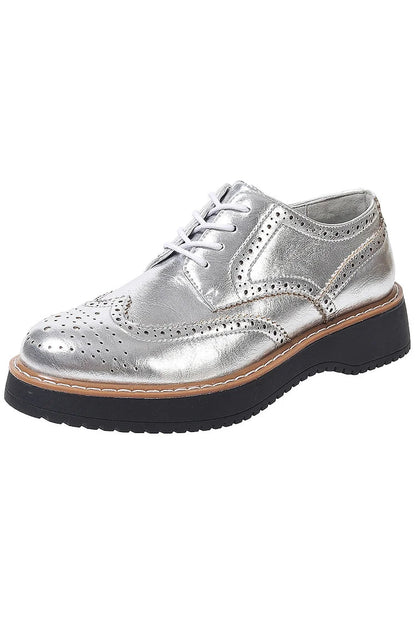 Metallic Sheen Patchwork Round Toe Lace Up Brogue Oxfords