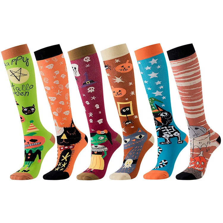 Happy Halloween Skull Pumpkin Ghost Print Color Block Over The Calf Socks