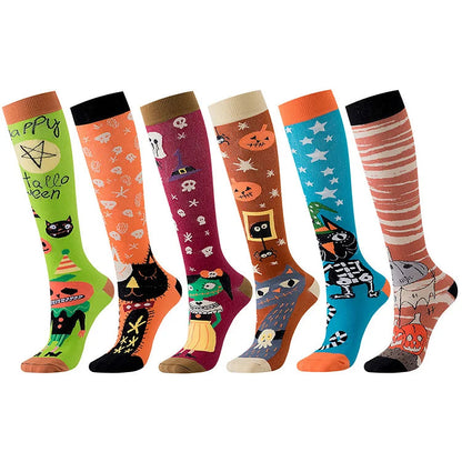 Happy Halloween Skull Pumpkin Ghost Print Color Block Over The Calf Socks