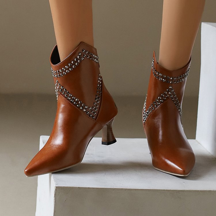 Colorblock Pattern Pointed Toe Rhinestone Decor Ankle Boots