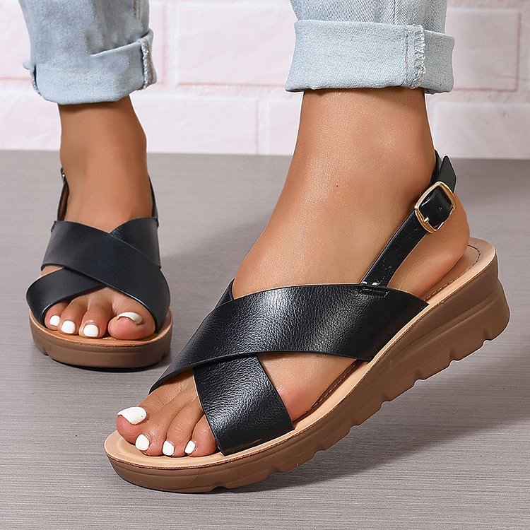 Cross Belt Slingback Strap Buckle Peep Toe Wedge Sandals