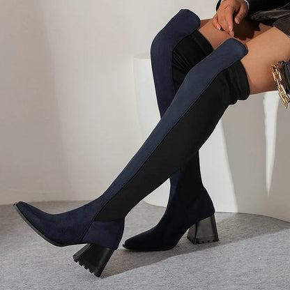 Colorblock Irregular Edge Pointed Toe Chunky Heel Over The Knee Boots