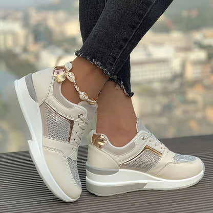 Rhinestone Embellished Patchwork Lace Up Wedge Sneakers