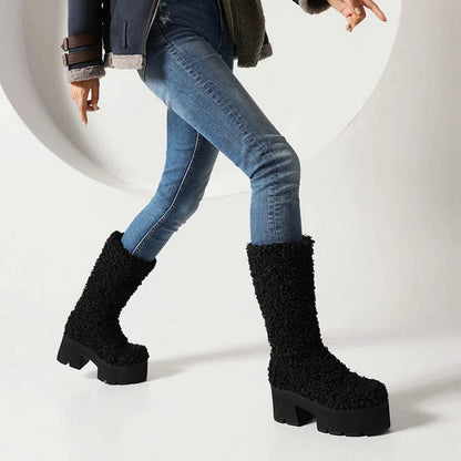 Round Toe Chunky Heel Faux Fur Pull On Platform Mid Calf Boots