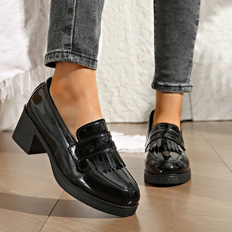 Patchwork Fringed Trim Round Toe Chunky Heel Loafers