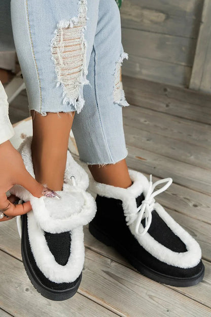 Patchwork Fluffy Trim Round Toe Lace Up Snow Boots