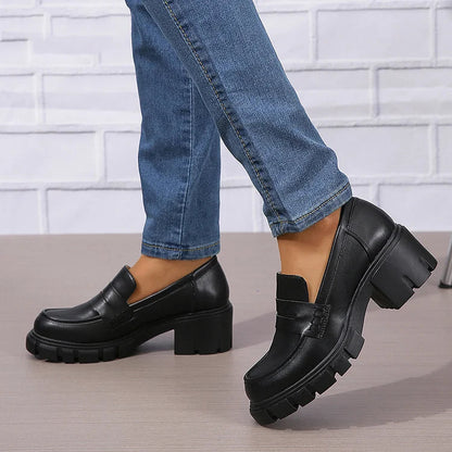 Casual Patchwork Round Toe Plain Chunky Heels Loafers