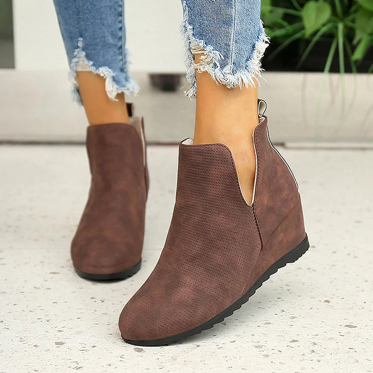 V Cut Solid Color Round Toe Wedge Heel Slip On Ankle Boots