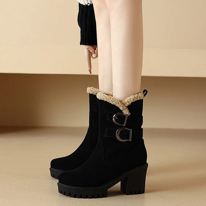 Two Straps Buckles Patchwork Round Toe Chunky Heel Mid Boots