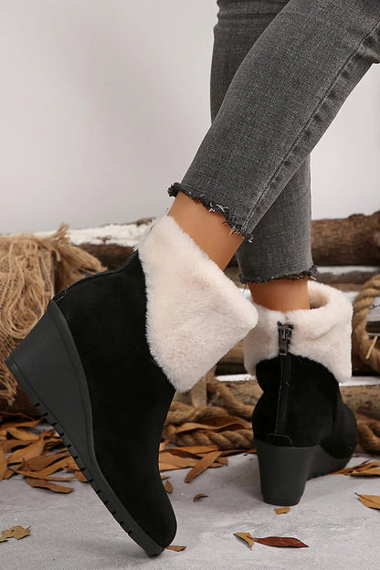 Fluffy Trim Round Toe Zipper Wedge Heel Snow Boots