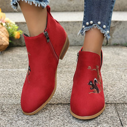 Squirrel Pine Tree Pattern Embroidery Low Block Heels Ankle Boots