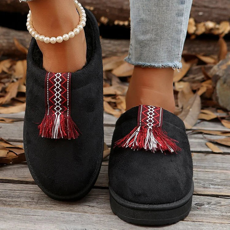 Patchwork Fringed Trim Round Toe Casual Snow Boots