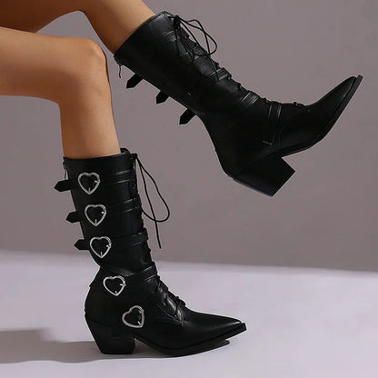 Pointed Toe Multicolor Straps Buckles Lace Up Mid Calf Boots