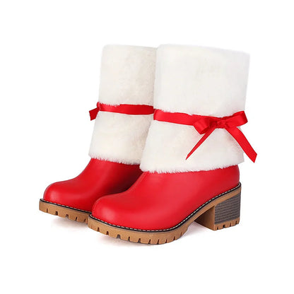 Christmas Colorblock Fluffy Tied Up Bow Round Toe Chunky Heel Mid Boots