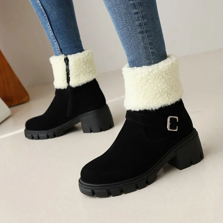 Round Toe Strap Buckle Decor Fluffy Trim Chunky Heel Snow Boots