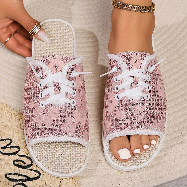 Rhinestone Tassels Raw Trim Lace Up Round Toe Chic Slippers