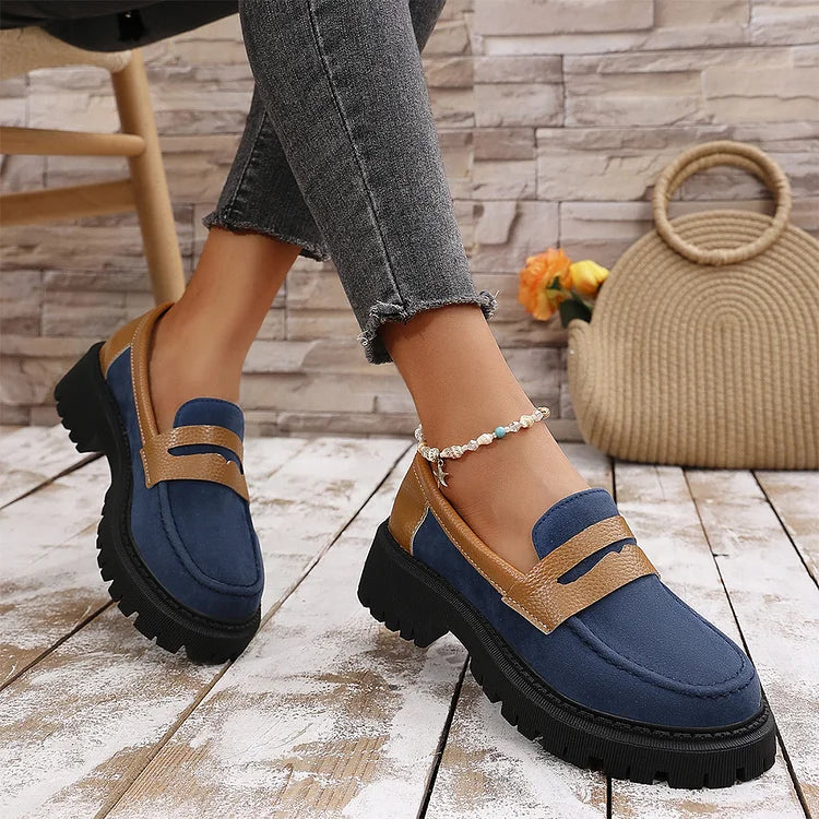 Colorblock Round Toe Patchwork Chunky Heel Casual Loafers