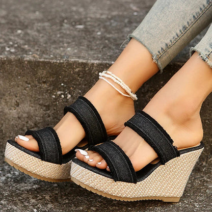 Tassels Trim Peep Toe Denim Platform Wedge Slippers