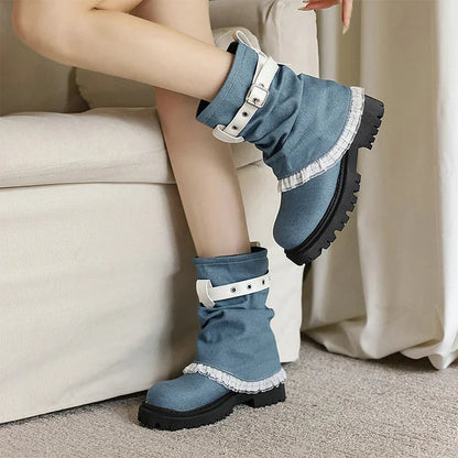 Colorblock Strap Buckle Lace Patchwork Fold Over Round Toe Ankle Boots