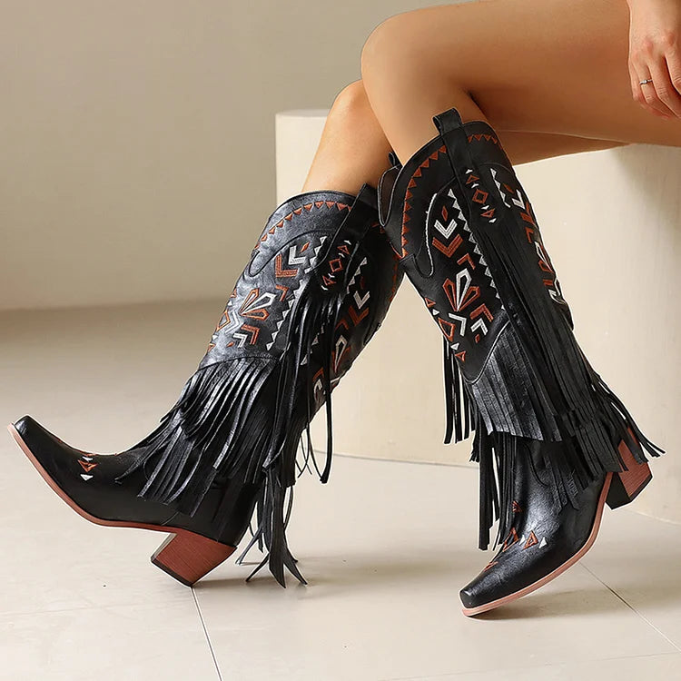 Tribal Pattern Embroidery Fringe Pointed Toe Chunky Heel Western Boots