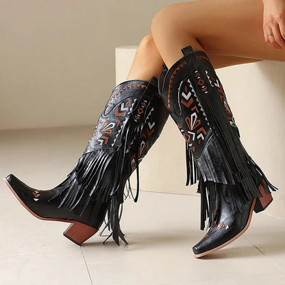 Tribal Pattern Embroidery Fringe Pointed Toe Chunky Heel Western Boots