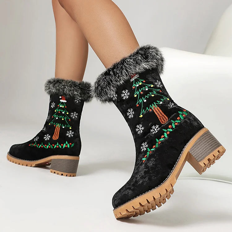 Christmas Tree Embroidery Fluffy Round Toe Chunky Heel Velvet Mid Boots