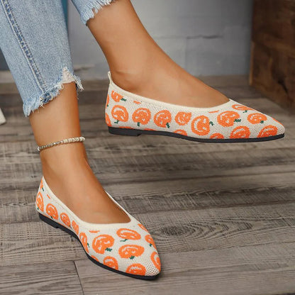 Halloween Horror Pumpkin Pattern Print Pointy Toe Knit Flats