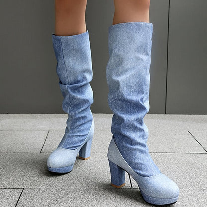 Gradient Color Denim Patchwork Round Toe Chunky Heel Knee High Boots