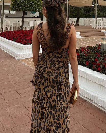 Elegante abito in chiffon diviso con stampa leopardata 
