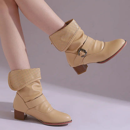 Colorblock Fold Patchwork Strap Buckle Chunky Heel Ankle Boots