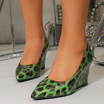 Leopard Pattern Print Plaid Pointy Toe Platform Wedge Heels