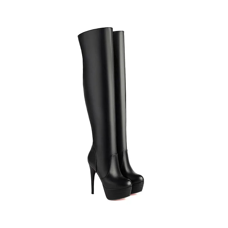 Patchwork Round Toe Stiletto Heel Platform Over The Knee Boots