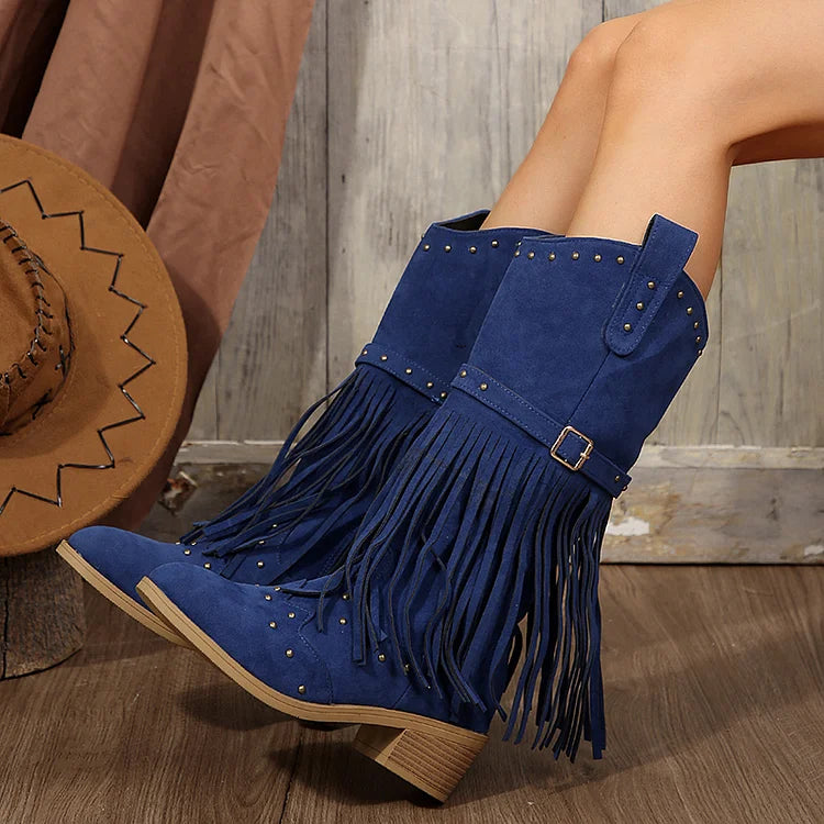 Metallic Studded Fringed Trim Patchwork Zipper Mid Calf Boots