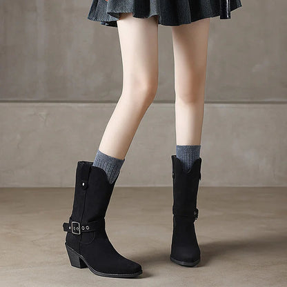 Patchwork Strap Buckle V Cut Square Toe Chunky Heel Mid Boots