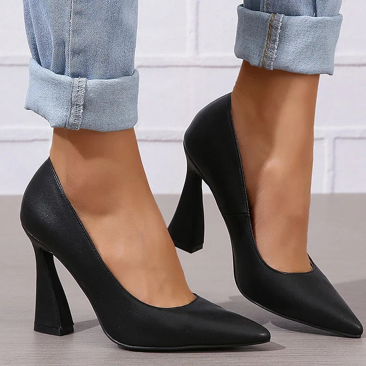 Casual Solid Color Pointy Toe Slip On Chunky Heels