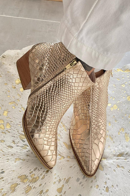 Metallic Snakeskin Textured Pointed Toe Block Heel Boots [Pre Order]