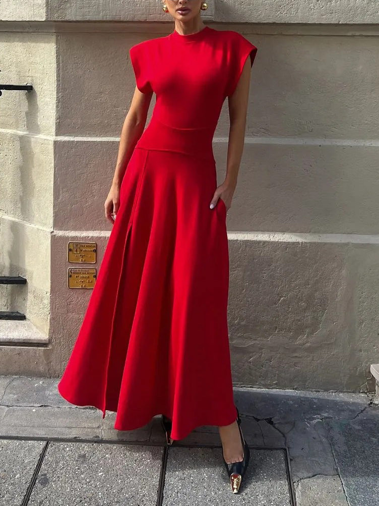 Modern Crew Neck Slit Wide Cuffs Maxi Dress