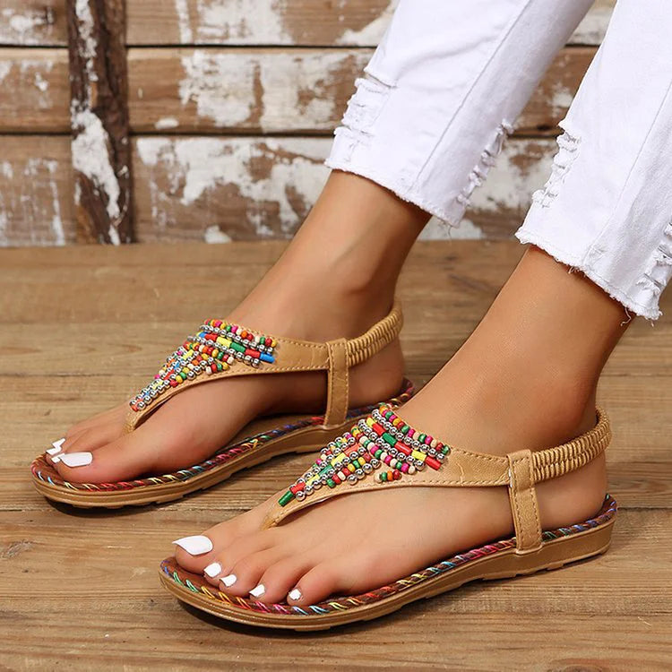 Colourful Beads Seam Decor Elastic Band Flip Flops Sandals