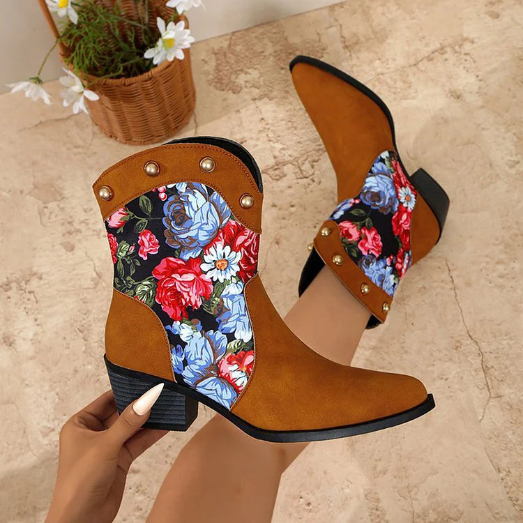 Patchwork Floral Print Metallic Studded Pointed Toe Cowgirl Boots