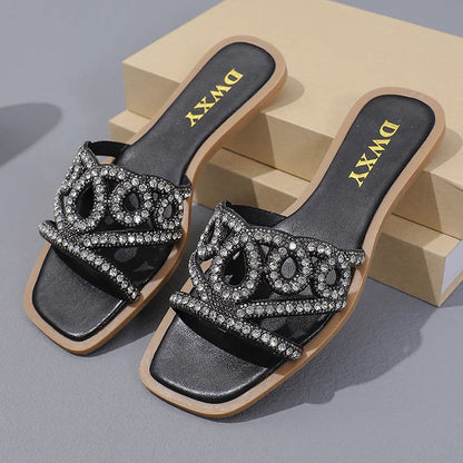 Fashion Rhinestone Hollow Out Square Toe Plain Slippers