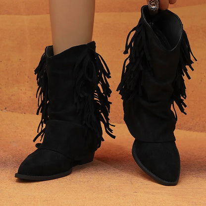 Fringed Trim Solid Color Fold Pointed Toe Chunky Heel Mid Boots